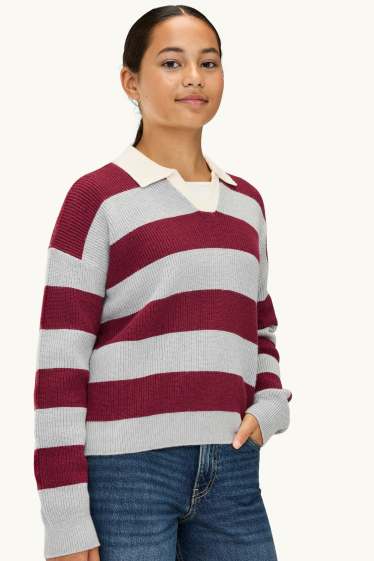 Bambine - Maglione - a righe - grigio / rosso scuro