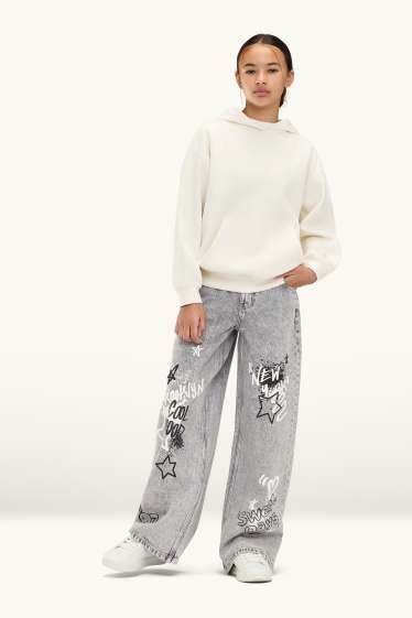 Children Girls - Graffiti - baggy jeans - denim-light gray