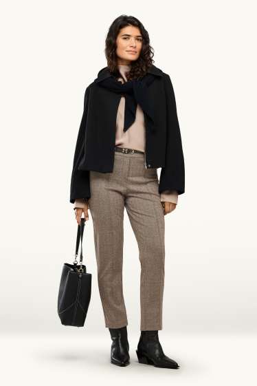 Women - Cloth trousers with belt - mid-rise waist - tapered fit - patterned - brown