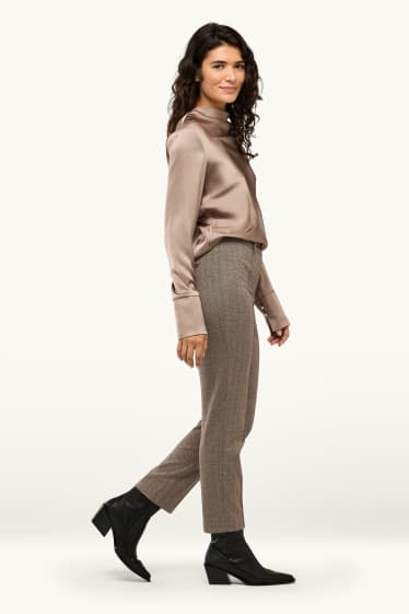 Women - Cloth trousers with belt - mid-rise waist - tapered fit - patterned - brown