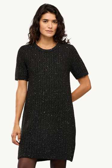 Femei - Rochie din tricot - straight fit - reiată - aspect lucios - negru