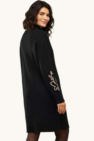 Dames - Gebreide jurk - straight fit - gebloemd - zwart
