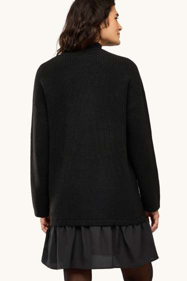 Women - Knitted dress - ribbed - 2-in-1 look - black