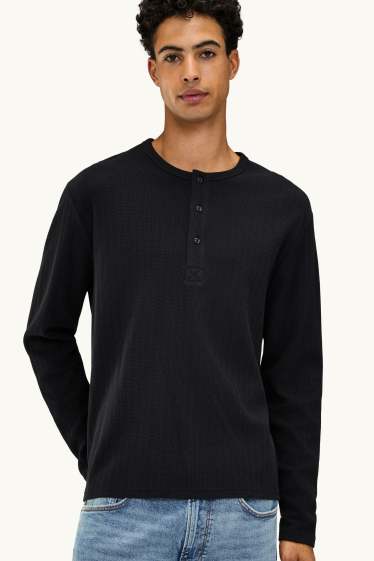 Heren - Longsleeve - relaxed fit - met structuur - zwart