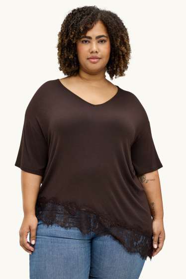 Donna - T-shirt con scollo a V - curvy fit - marrone scuro