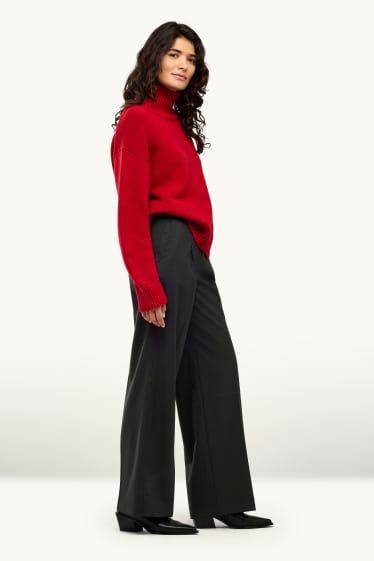 Dames - Pantalon - mid waist - wide leg - wolmix - zwart