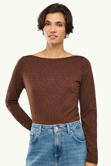Dona - Samarreta de màniga llarga - regular fit - texturada - estampat de lleopard - marró fosc