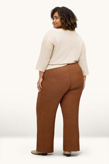 Dámské - Plátěné kalhoty - mid waist - straight fit - strukturované - rezavě hnědá
