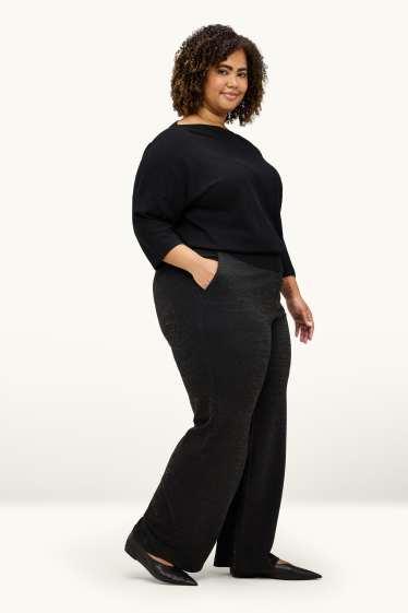 Femei - Pantaloni din jerseu - talie medie - wide leg - aspect lucios - negru
