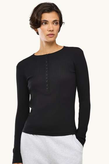 Dames - Henley-shirt - slim fit - geribd - zwart