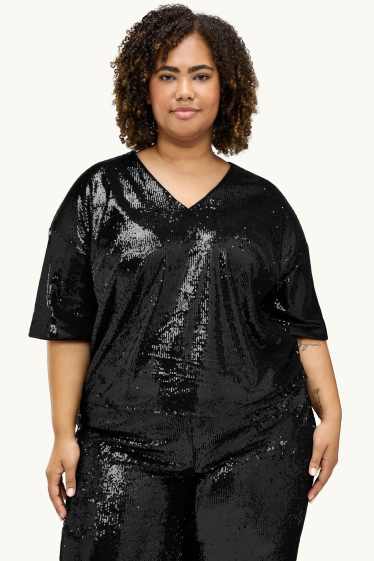 Dames - Blouse met pailletten en V-hals - zwart / zilver