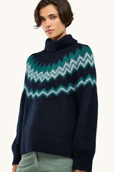 Damen - Rollkragenpullover - gemustert - Glanz-Effekt - dunkelgrün / dunkelblau