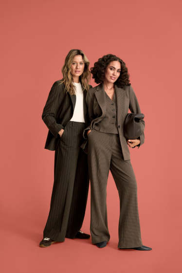 Donna - Pantaloni business - vita alta - gamba ampia - design gessato - marrone scuro