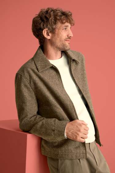 Men - Shirt jacket - relaxed fit - kent collar - check - beige / brown