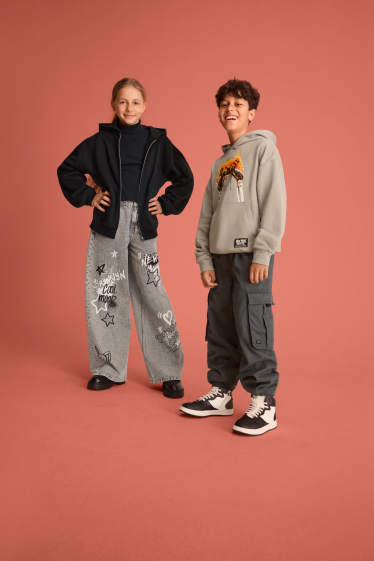 Children Girls - Graffiti - baggy jeans - denim-light gray