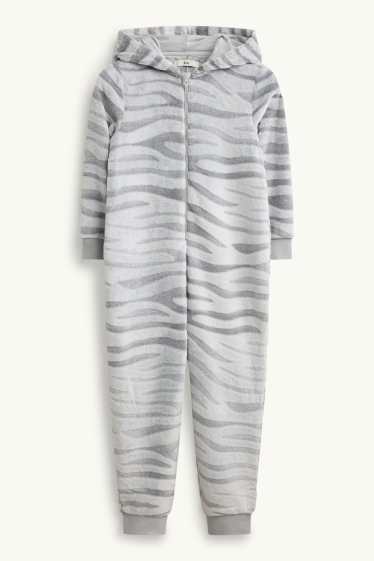 Children Girls - Fleece onesie with hood - white / gray