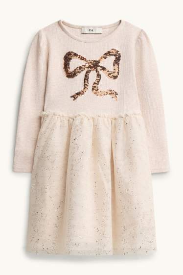Bambine - Fiocco - set - vestito e borsa - effetto brillante - 2 pezzi - rosa / beige