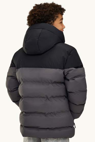 Kinder Buben - Steppjacke mit Kapuze - gefüttert - wasserabweisend - schwarz / dunkelgrau