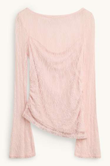 Dámské - Krajkové tričko s dlouhým rukávem - slim fit - narůžovělá