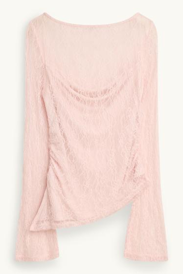 Dámské - Krajkové tričko s dlouhým rukávem - slim fit - narůžovělá