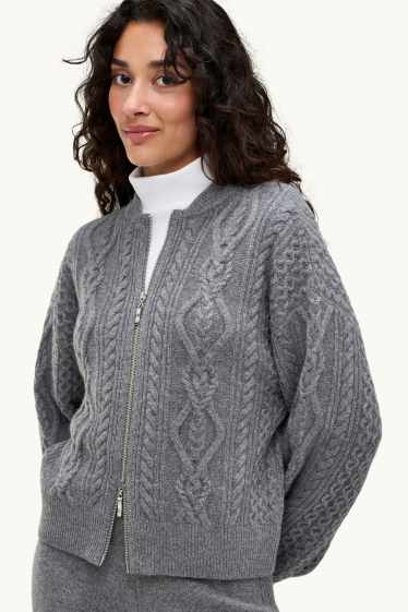 Damen - Strickjacke mit Kaschmir-Anteil - Woll-Mix - Zopfmuster - dunkelgrau