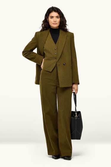 Femei - Pantaloni din catifea reiată - talie înaltă - wide leg - verde închis