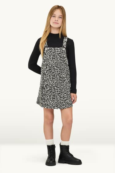 Kinder Mädchen - Set - Langarmshirt und Jeans-Latzkleid - 2 teilig - schwarz