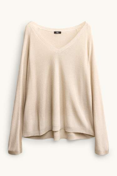 Damen - Pullover mit V-Ausschnitt - Glanz-Effekt - cremefarben