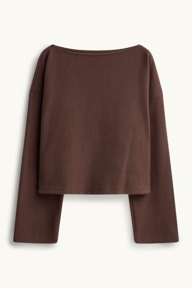 Femei - Tricou cu mânecă lungă - reiat - maro închis
