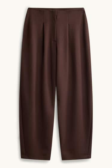 Women - Jersey trousers - mid-rise waist - barrel leg - dark brown