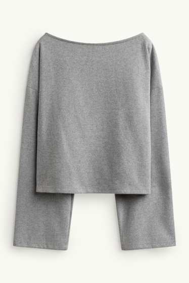 Dámské - Tričko s dlouhým rukávem - relaxed fit - žebrované - šedá-žíhaná