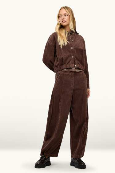 Women - Corduroy trousers - mid-rise waist - barrel leg - dark brown