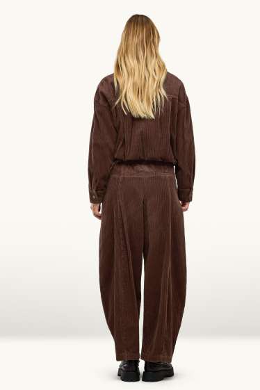 Women - Corduroy trousers - mid-rise waist - barrel leg - dark brown