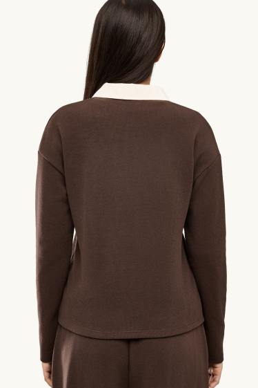 Dámské - Polokošile s dlouhým rukávem - regular fit - žebrovaná - hnědá