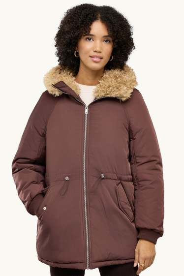 Damen - Parka mit Kapuze und Kunstfellbesatz - gefüttert - braun