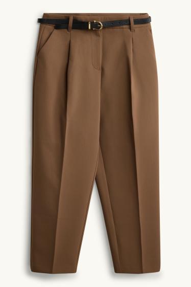 Dames - Pantalon met riem - high waist - tapered fit - bruin