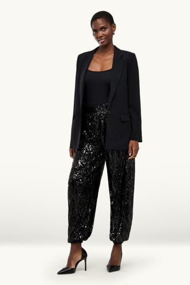 Dames - Paillettenbroek - high waist - balloon leg - zwart / zilver