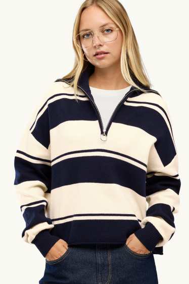 Dames - Trui - gestreept - donkerblauw / crème wit