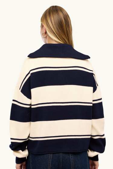 Dames - Trui - gestreept - donkerblauw / crème wit