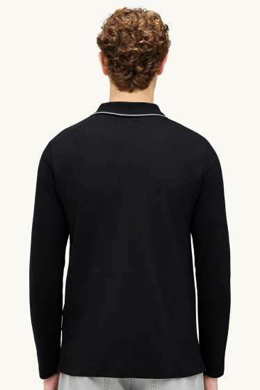 Hommes - Polo à manches longues - slim fit - noir