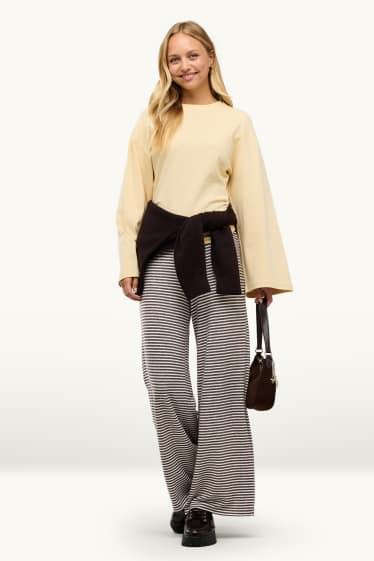Femei - Pantaloni din jerseu - talie medie - wide leg - cu dungi - maro / alb-crem