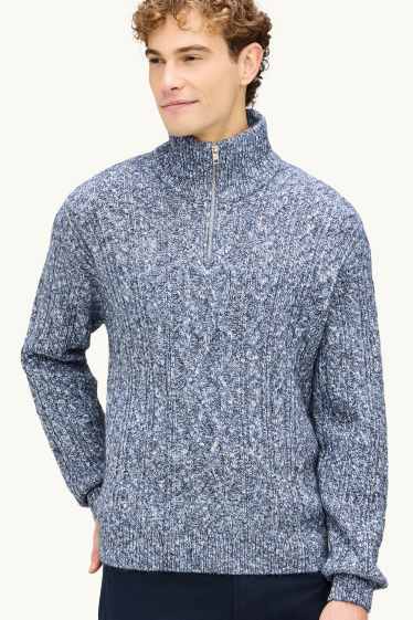 Men - Jumper - cable knit pattern - blue-melange
