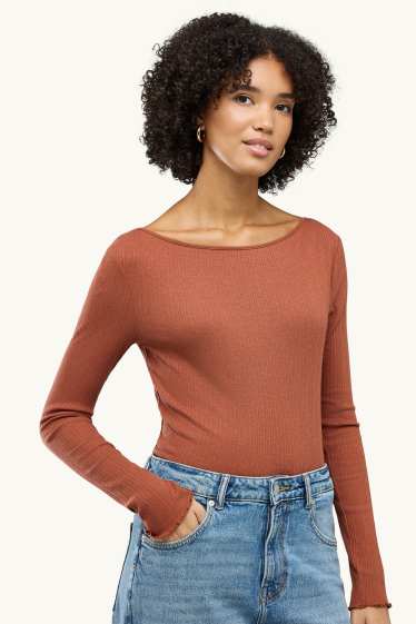 Damen - Langarmshirt - Slim Fit - gerippt - orange