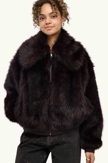 Women - Bomber jacket - fake fur - dark brown