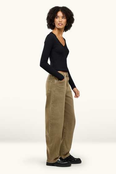 Femei - Barrel jeans - talie medie - kaki