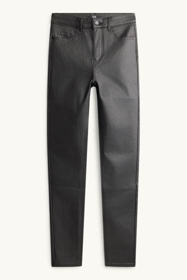 Dámské - Plátěné kalhoty - mid waist - skinny fit - imitace kůže - černá