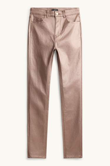 Dámské - Plátěné kalhoty - mid waist - skinny fit - imitace kůže - růžová