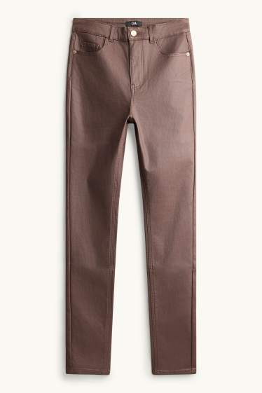 Dámské - Plátěné kalhoty - mid waist - skinny fit - imitace kůže - taupe