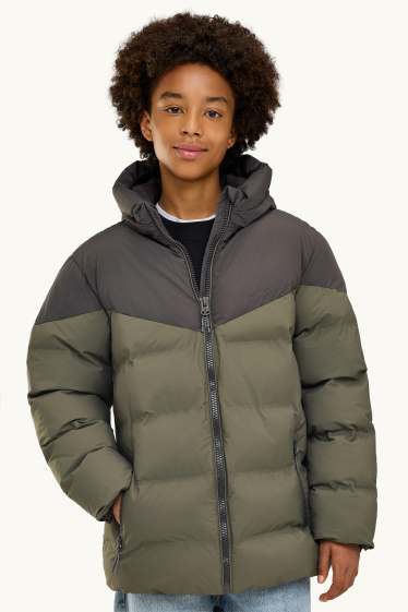 Kinder Buben - Steppjacke mit Kapuze - gefüttert - wasserabweisend - grau / dunkelgrün