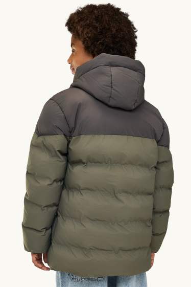 Kinder Buben - Steppjacke mit Kapuze - gefüttert - wasserabweisend - grau / dunkelgrün